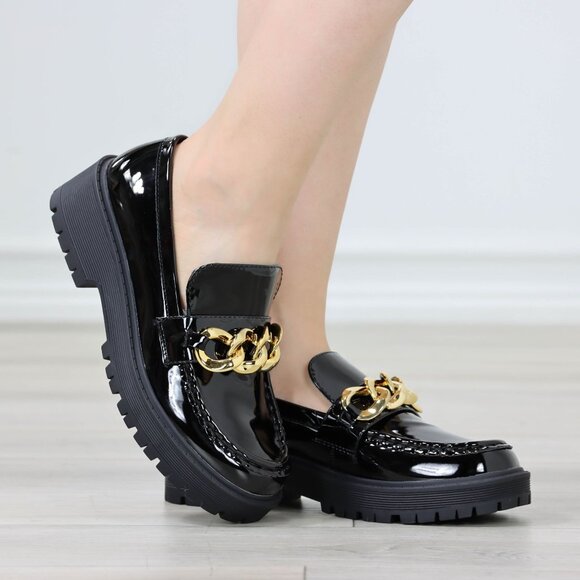 Womens Chunky Penny Loafer Lug Sole Slip On Platform Black Patent Gold Chain - Picture 4 of 15